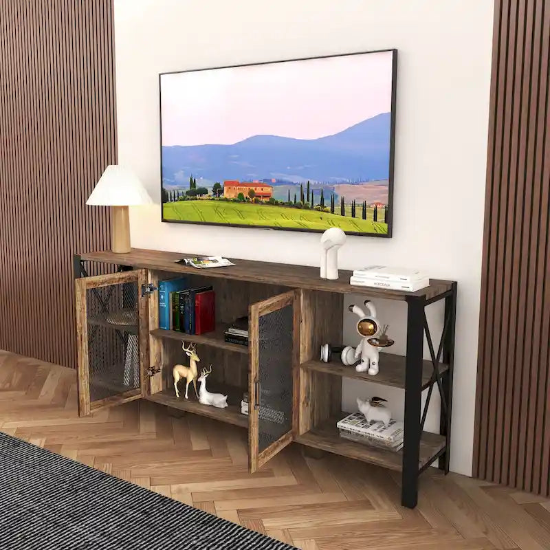 Espresso TV Stand with Open Shelves and Mesh Cabinet, Fits up to 85" TVs