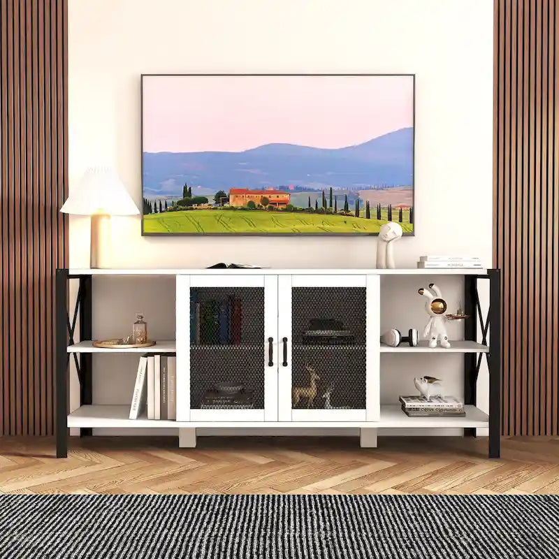 Espresso TV Stand with Open Shelves and Mesh Cabinet, Fits up to 85" TVs