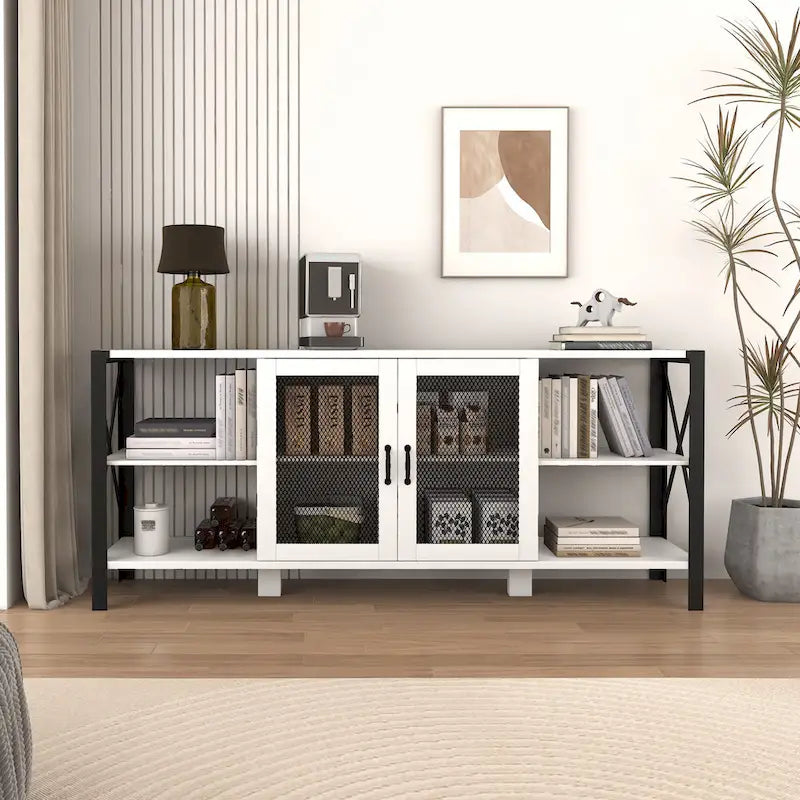 Espresso TV Stand with Open Shelves and Mesh Cabinet, Fits up to 85" TVs