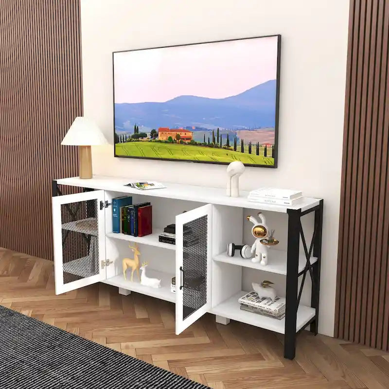 Espresso TV Stand with Open Shelves and Mesh Cabinet, Fits up to 85" TVs