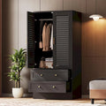 Black Freestanding Wardrobe with 2 Shutter Doors, Hanging Rod & 2 Drawers, 1-Person