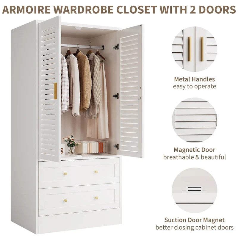 Black Freestanding Wardrobe with 2 Shutter Doors, Hanging Rod & 2 Drawers, 1-Person