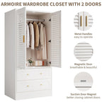 Black Freestanding Wardrobe with 2 Shutter Doors, Hanging Rod & 2 Drawers, 1-Person