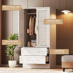 Black Freestanding Wardrobe with 2 Shutter Doors, Hanging Rod & 2 Drawers, 1-Person