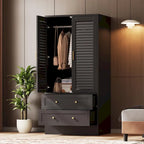Black Freestanding Wardrobe with 2 Shutter Doors, Hanging Rod & 2 Drawers, 1-Person