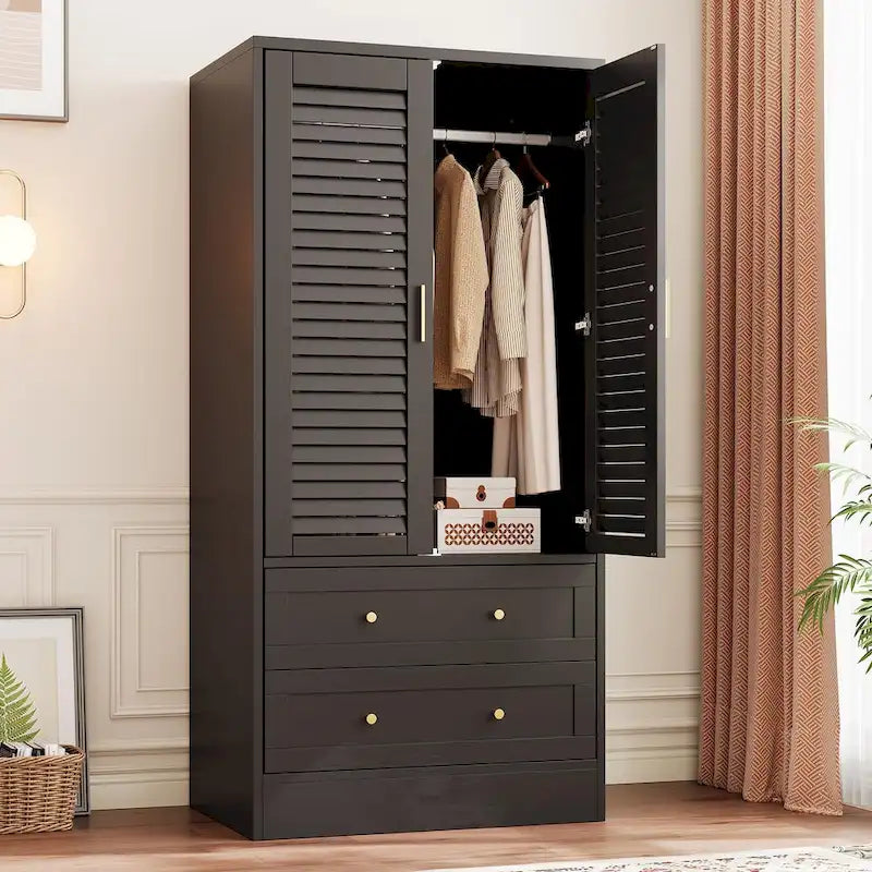 Black Freestanding Wardrobe with 2 Shutter Doors, Hanging Rod & 2 Drawers, 1-Person