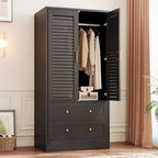 Black Freestanding Wardrobe with 2 Shutter Doors, Hanging Rod & 2 Drawers, 1-Person