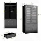 Black Freestanding Wardrobe with 2 Shutter Doors, Hanging Rod & 2 Drawers, 1-Person
