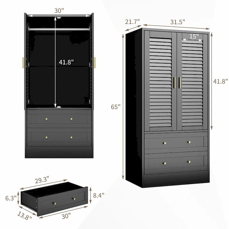 Black Freestanding Wardrobe with 2 Shutter Doors, Hanging Rod & 2 Drawers, 1-Person