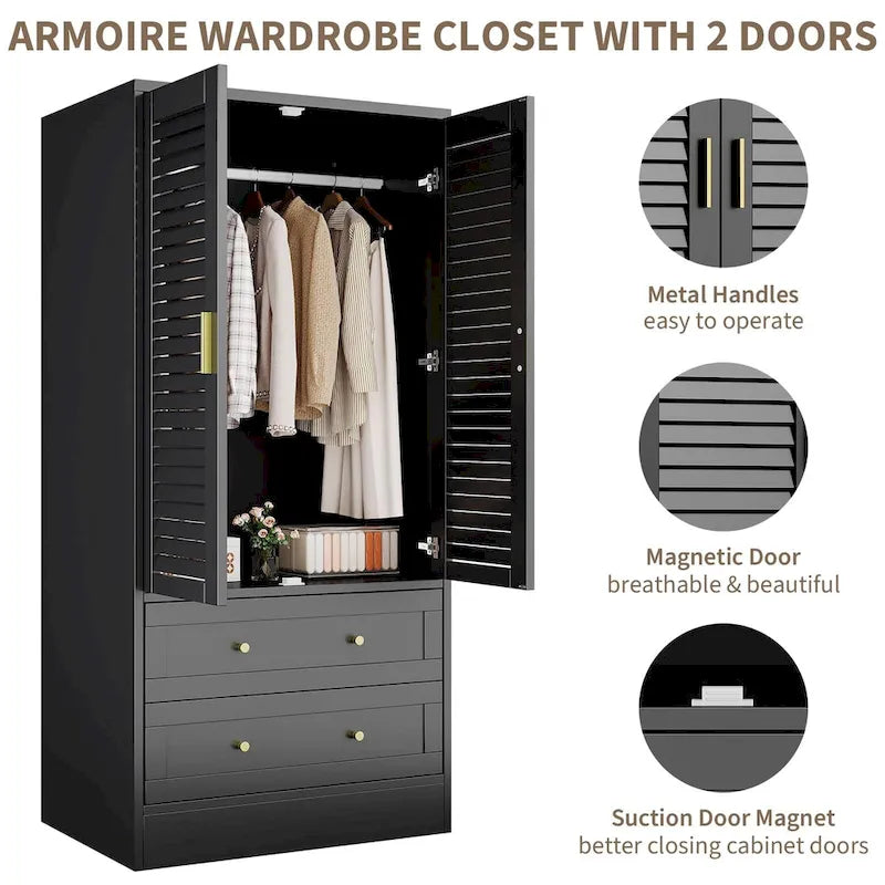 Black Freestanding Wardrobe with 2 Shutter Doors, Hanging Rod & 2 Drawers, 1-Person