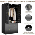 Black Freestanding Wardrobe with 2 Shutter Doors, Hanging Rod & 2 Drawers, 1-Person