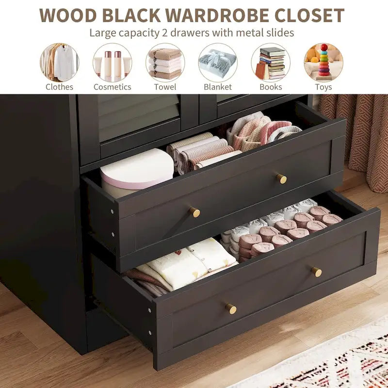 Black Freestanding Wardrobe with 2 Shutter Doors, Hanging Rod & 2 Drawers, 1-Person