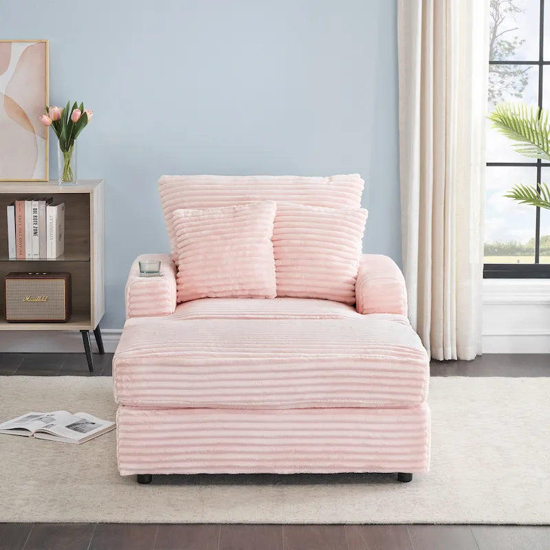 Pink Corduroy Single Armchair Sofa with Ottoman & Cup Holder
