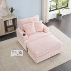 Pink Corduroy Single Armchair Sofa with Ottoman & Cup Holder