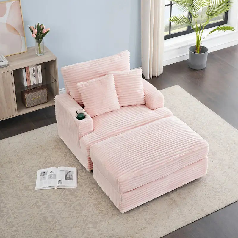 Pink Corduroy Single Armchair Sofa with Ottoman & Cup Holder