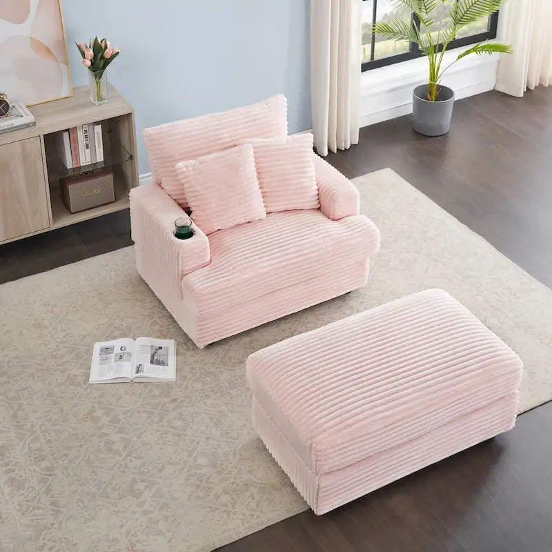 Pink Corduroy Single Armchair Sofa with Ottoman & Cup Holder