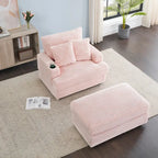 Pink Corduroy Single Armchair Sofa with Ottoman & Cup Holder