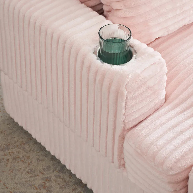 Pink Corduroy Single Armchair Sofa with Ottoman & Cup Holder