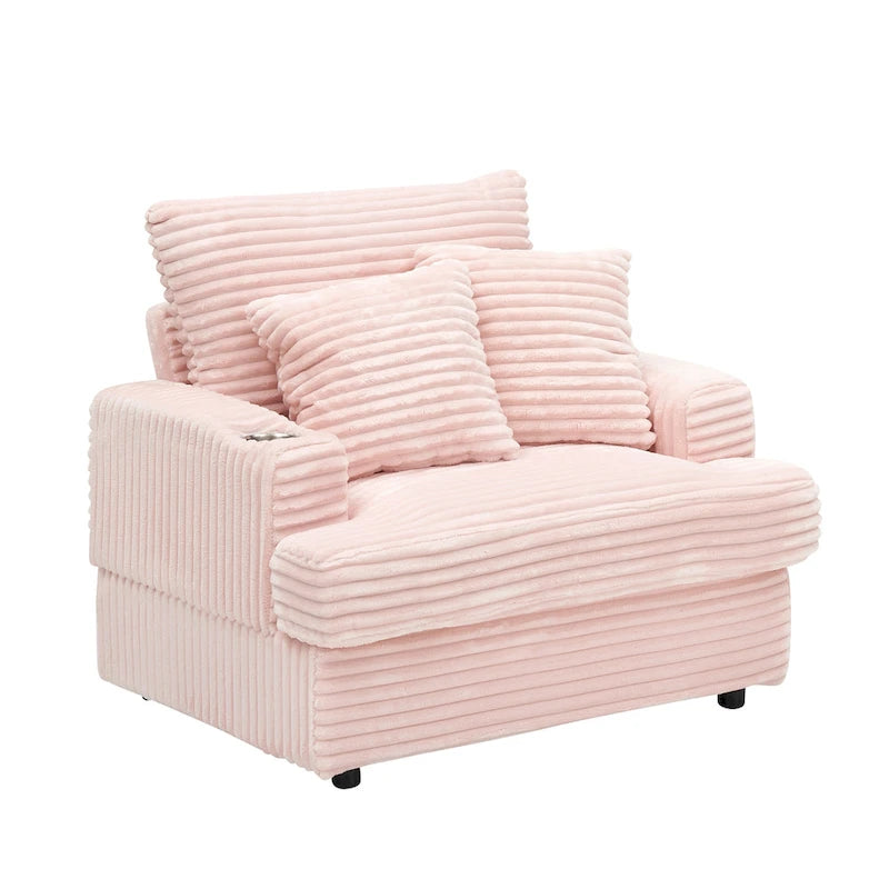 Pink Corduroy Single Armchair Sofa with Ottoman & Cup Holder