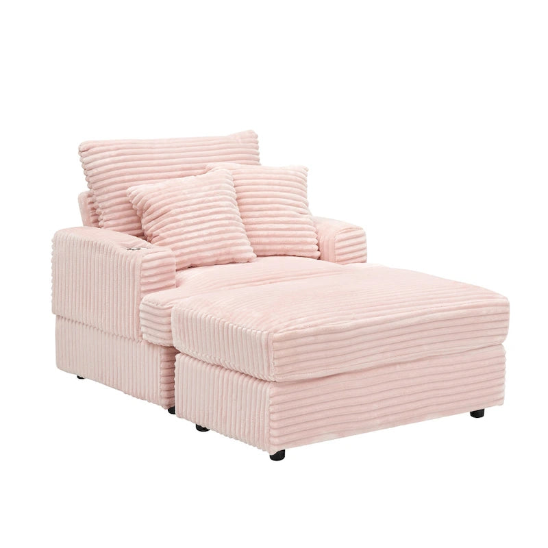 Pink Corduroy Single Armchair Sofa with Ottoman & Cup Holder