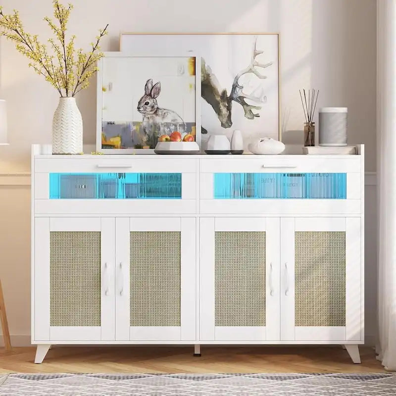 Pink/Natural/White Sideboard Buffet Cabinet with LED Light & Power Outlet