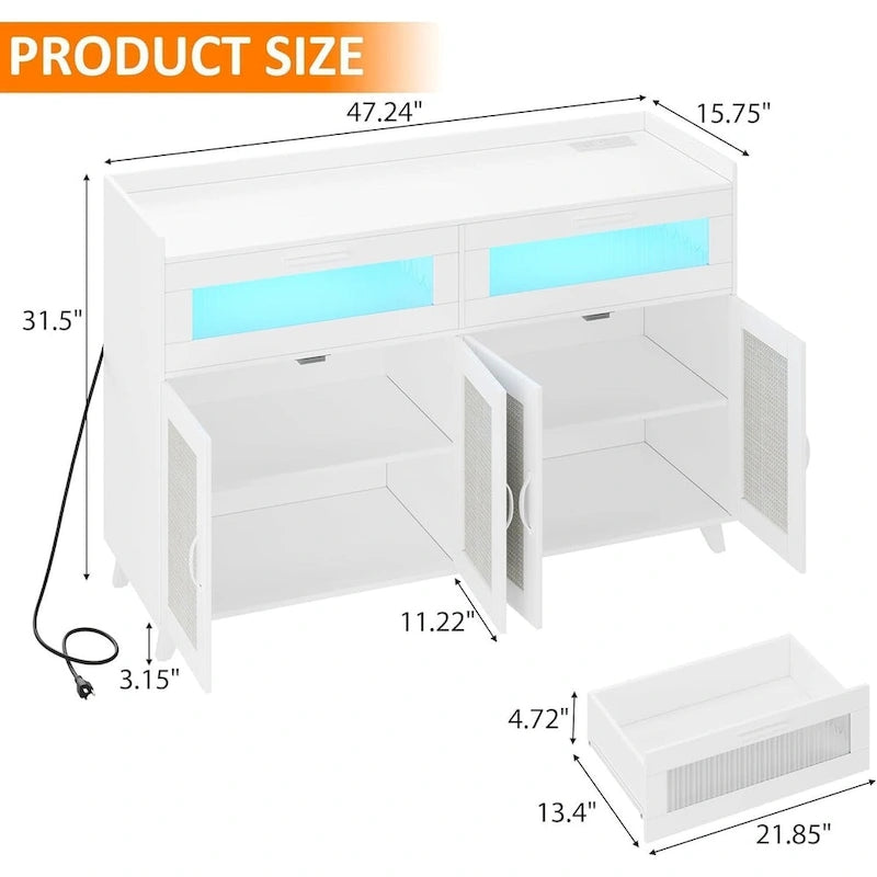 Pink/Natural/White Sideboard Buffet Cabinet with LED Light & Power Outlet