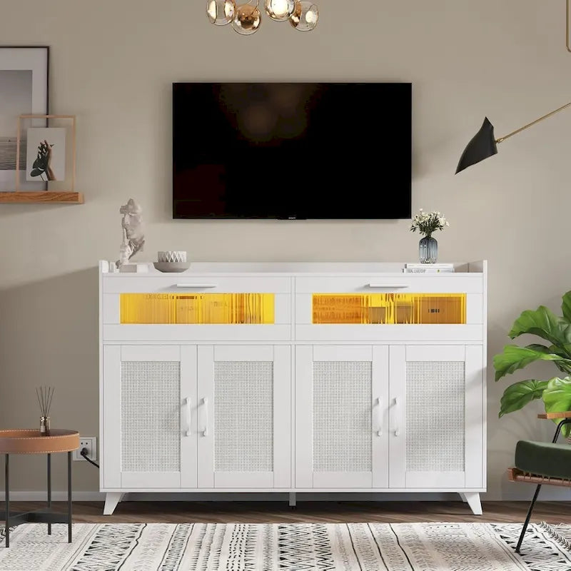 Pink/Natural/White Sideboard Buffet Cabinet with LED Light & Power Outlet
