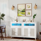 Pink/Natural/White Sideboard Buffet Cabinet with LED Light & Power Outlet