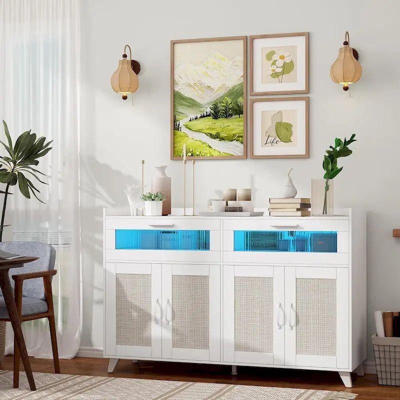 Pink/Natural/White Sideboard Buffet Cabinet with LED Light & Power Outlet