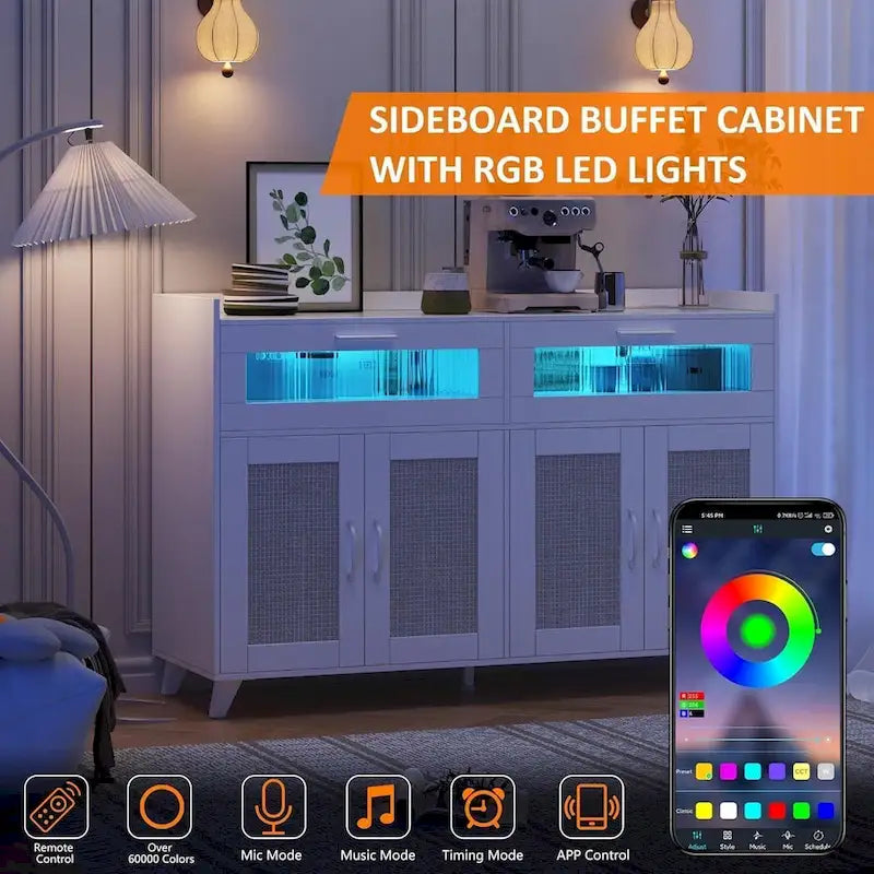 Pink/Natural/White Sideboard Buffet Cabinet with LED Light & Power Outlet