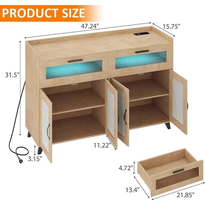 Pink/Natural/White Sideboard Buffet Cabinet with LED Light & Power Outlet
