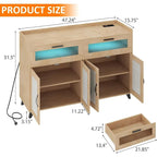 Pink/Natural/White Sideboard Buffet Cabinet with LED Light & Power Outlet