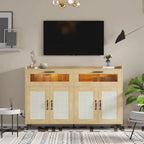 Pink/Natural/White Sideboard Buffet Cabinet with LED Light & Power Outlet