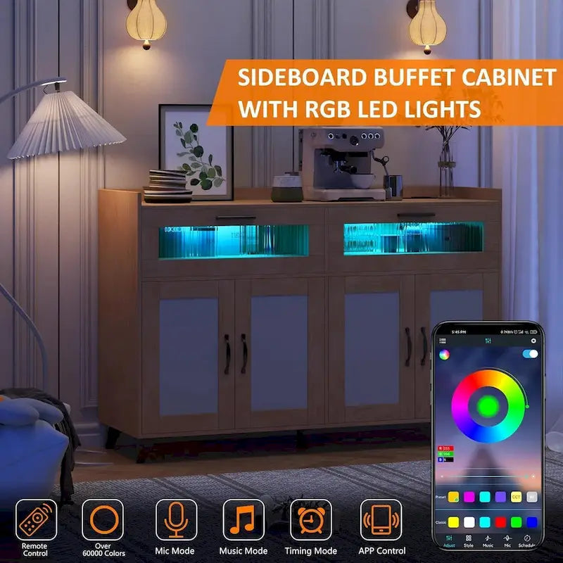 Pink/Natural/White Sideboard Buffet Cabinet with LED Light & Power Outlet