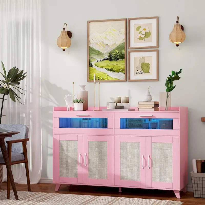 Pink/Natural/White Sideboard Buffet Cabinet with LED Light & Power Outlet
