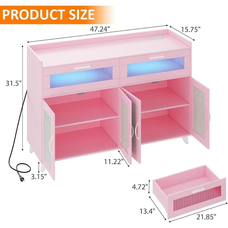 Pink/Natural/White Sideboard Buffet Cabinet with LED Light & Power Outlet