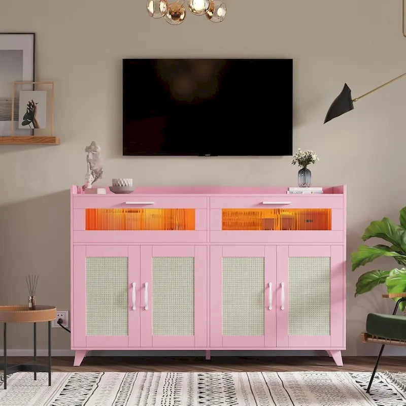 Pink/Natural/White Sideboard Buffet Cabinet with LED Light & Power Outlet
