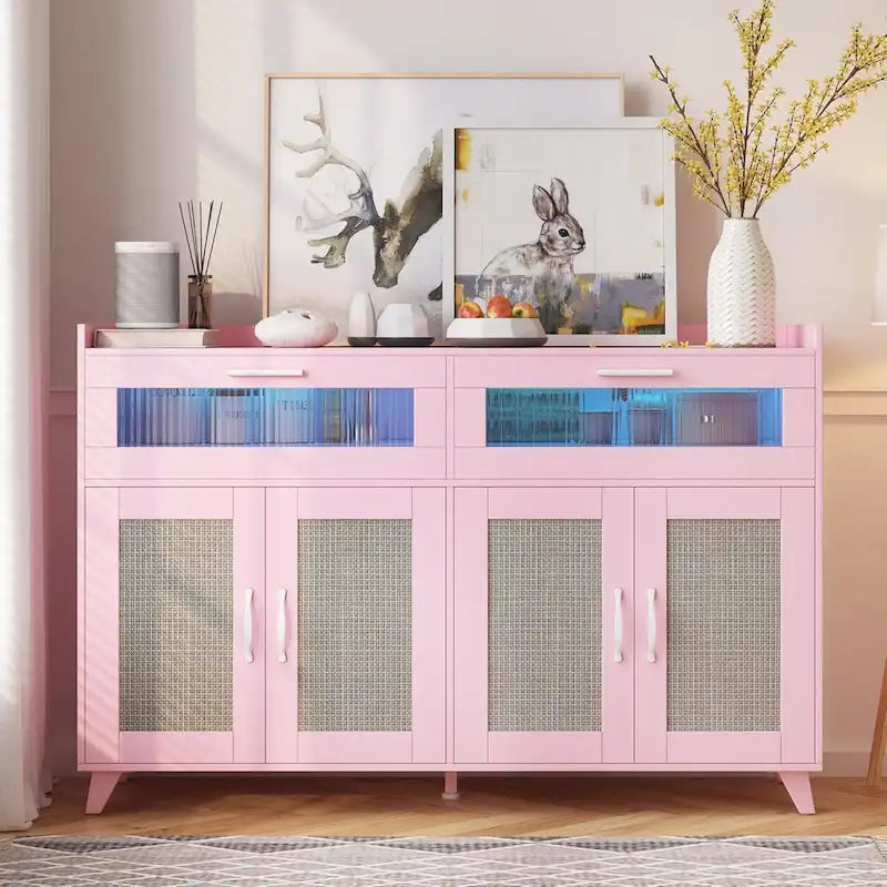 Pink/Natural/White Sideboard Buffet Cabinet with LED Light & Power Outlet