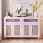 Pink/Natural/White Sideboard Buffet Cabinet with LED Light & Power Outlet