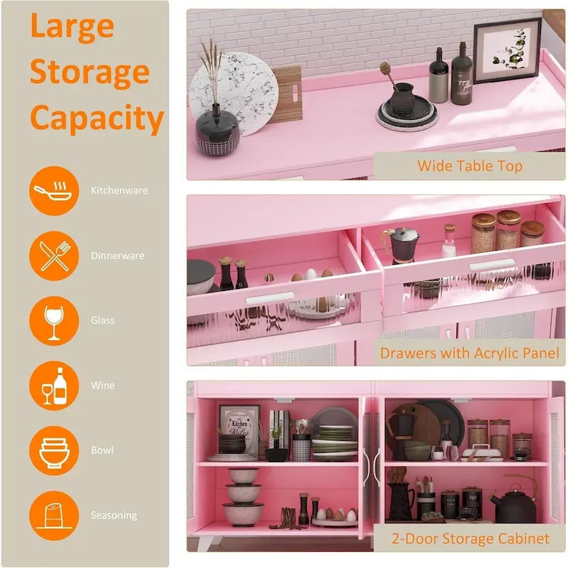 Pink/Natural/White Sideboard Buffet Cabinet with LED Light & Power Outlet