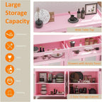 Pink/Natural/White Sideboard Buffet Cabinet with LED Light & Power Outlet