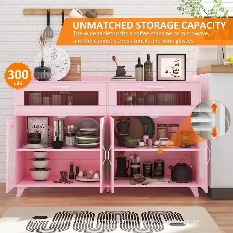 Pink/Natural/White Sideboard Buffet Cabinet with LED Light & Power Outlet