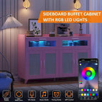 Pink/Natural/White Sideboard Buffet Cabinet with LED Light & Power Outlet