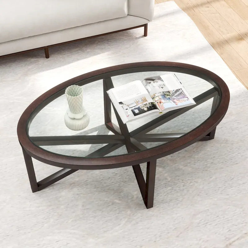 Clear Glass Top & Wood Base Table – Natural / End Table & Coffee Table