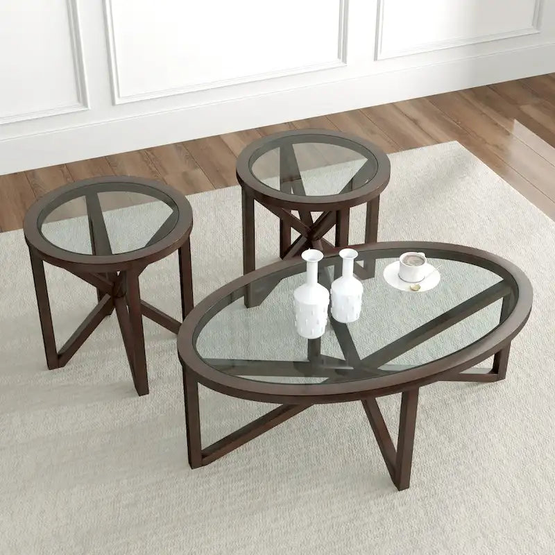 Clear Glass Top & Wood Base Table – Natural / End Table & Coffee Table