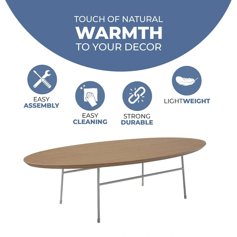 Oval Coffee Table – Natural Wood / Black / Walnut / White, Mid-Century Modern, Steel Base