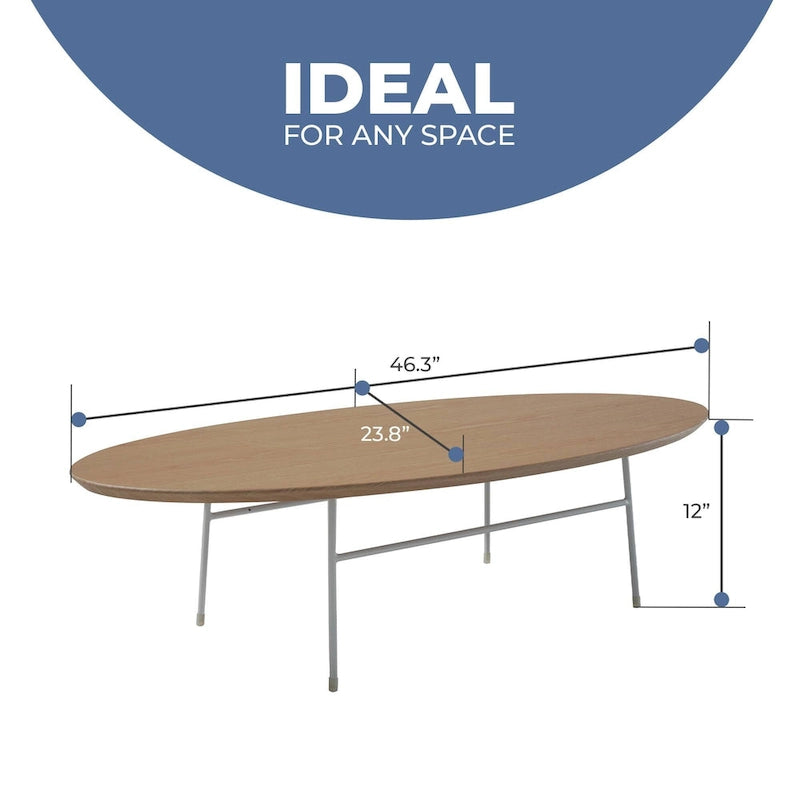 Oval Coffee Table – Natural Wood / Black / Walnut / White, Mid-Century Modern, Steel Base
