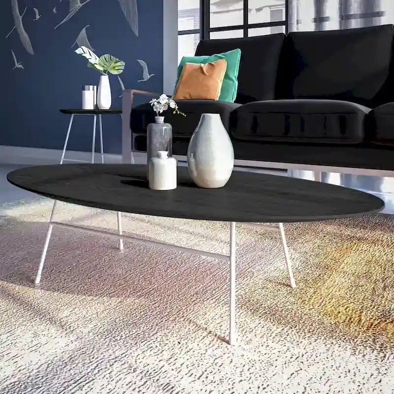Oval Coffee Table – Natural Wood / Black / Walnut / White, Mid-Century Modern, Steel Base