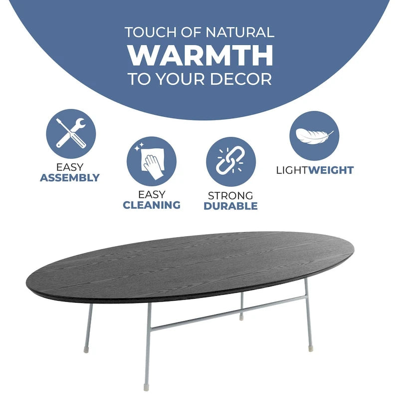 Oval Coffee Table – Natural Wood / Black / Walnut / White, Mid-Century Modern, Steel Base
