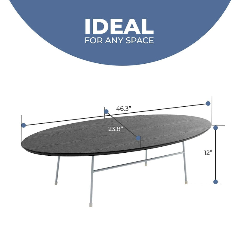 Oval Coffee Table – Natural Wood / Black / Walnut / White, Mid-Century Modern, Steel Base